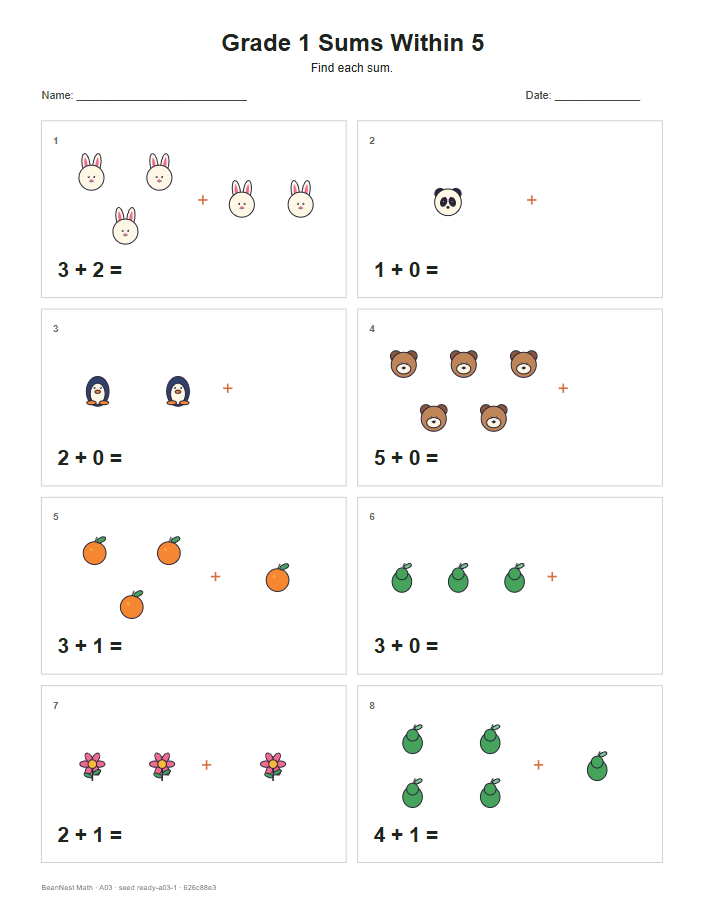 Sums Within 5 worksheet preview